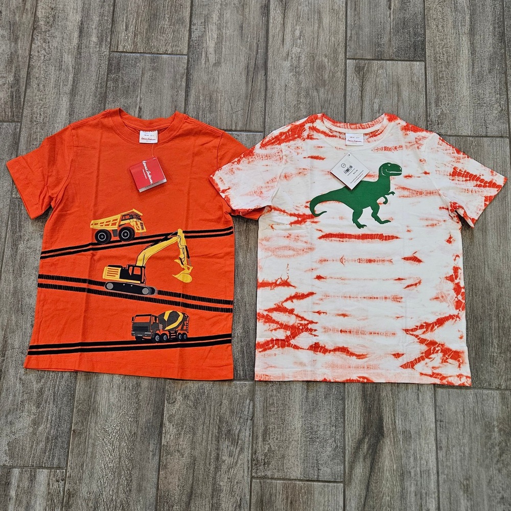 Hanna Andersson Graphic Tee Kids 10 Orange Construction Dinosaur NEW Lot of 2